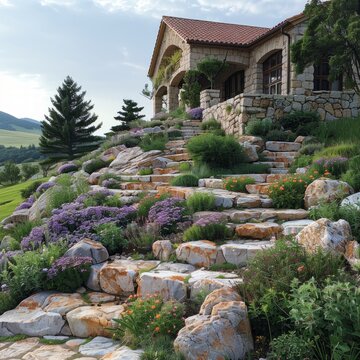 With its stone steps and blossoming flowers, the Zen-style rock garden epitomizes a harmonious blend of natural elegance.