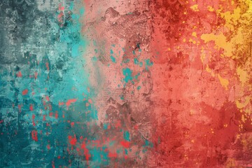 Obraz na płótnie Canvas Grunge Background Texture in the Colors Coral Red, Turquoise and Sun Yellow created with Generative AI Technology