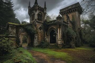 Fototapeta na wymiar Decaying Abandoned ancient castle. Creepy villa. Generate Ai