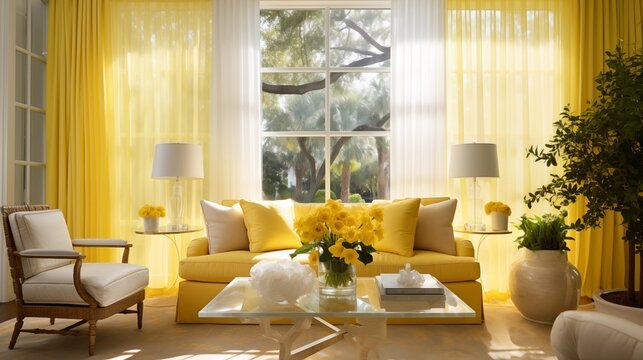 Hang sheer yellow curtains to filter sunlight while adding a subtle yellow hue to the room.