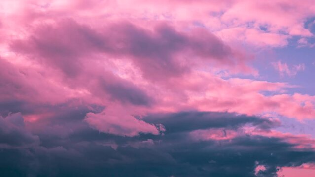 Colorful Cloudy Magenta Sky With Fluffy Clouds. 4k Timelapse Toned Blue Pink Magenta Colors Sky Sunset Sunrise Background. Light Magenta Toned Sky. Unusual Sky Background. Time Lapse Time-lapse Time