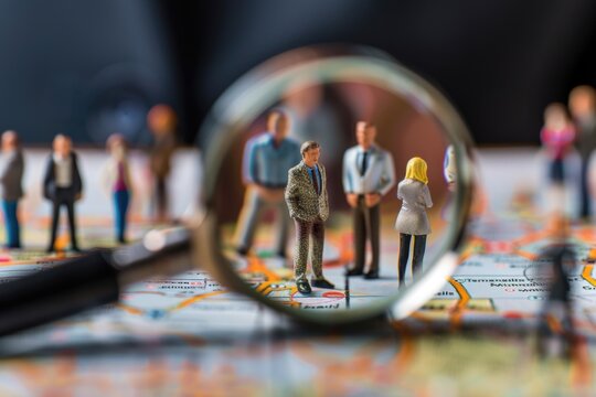 Miniature people exploring map with magnifying glass, suitable for travel concepts
