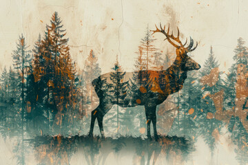 Deer silhouette featuring double exposure with forest trees. Animal in nature