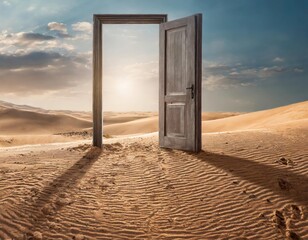 Opened door on desert. Unknown future. Generated with AI