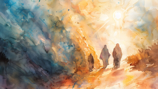 The disciples' disbelief and joy upon encountering the risen Jesus on the road to Emmaus, with warm and inviting watercolor tones conveying the transformative moment.