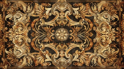 "Classic baroque pattern with floral and foliage elements on black background. Rococo style fabric design for luxury interiors."