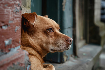 Lone stray dog is sitting on city street. Sad homeless pet looks hopeless into distance