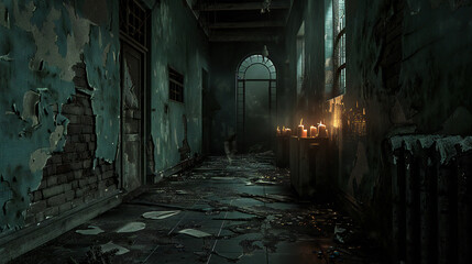 Fototapeta na wymiar A ruined asylum, spooky and haunted