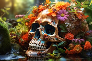 Intricate skull portrait  gold crown, flowers, and dark drama in cryengine style - obrazy, fototapety, plakaty