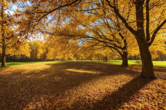 Sun In Autumn Forest ,light rays fall landscape tree