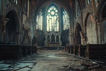 Decrepit Abandoned gothic castle church. Ruin scary. Generate Ai