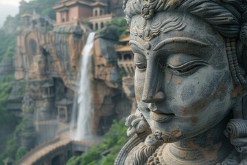A statue stands gracefully as a majestic waterfall flows in the background in India.