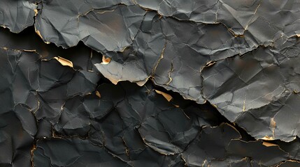 "Crinkled paper texture with black and gold fractures. Elegant vintage background for art, design, and texture concept."