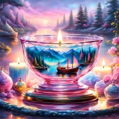 A beautiful glass candle lit up with a soft pink hue, this ethereal fantasy design  features a hyper-detailed mist surrounding a delicate boat floating in the glass candle - obrazy, fototapety, plakaty