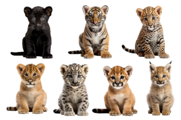 isolated cubs of wild cats. tiger and lion, leopard and cougar, snow leopard and lynx, black panther. cut out. kittens of the feline family.