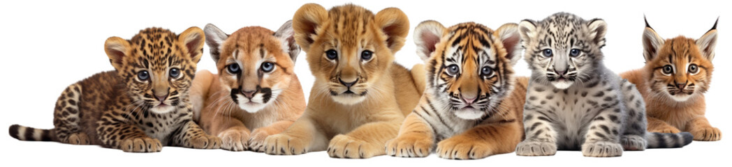 isolated cubs of wild cats. tiger and lion, leopard and cougar, snow leopard and lynx, cut out....
