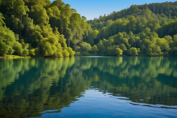 "Calm Reflections: Tranquil Lake Amidst Verdant Forest"
