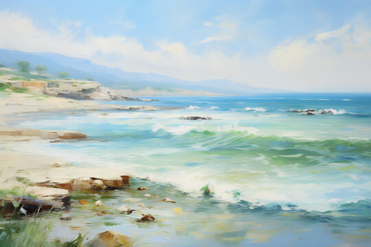 Seascape in soft green tones. Oil painting in impressionism style.