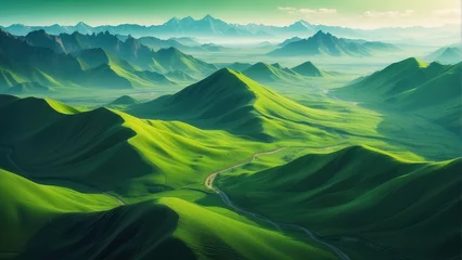 Foto op Plexiglas Verdant Summit Vista An abstract wallpaper background illustration design depicting lush green hills and majestic mountains, offering a serene and captivating landscape view © Oleksii