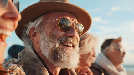 Mature women and men watching the sunset - obrazy, fototapety, plakaty