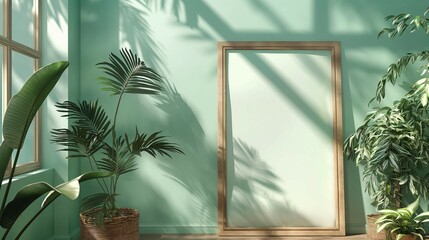 Frame mockup. Plants against a green wall. Scandinavian interior design