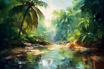 Spring tropical forest. Oil painting in impressionism style. - obrazy, fototapety, plakaty