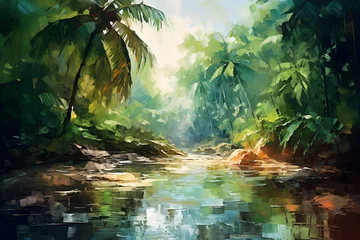 Crédence de cuisine en verre imprimé Couleur pistache Spring tropical forest. Oil painting in impressionism style.