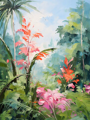 Spring tropical forest. Oil painting in impressionism style.