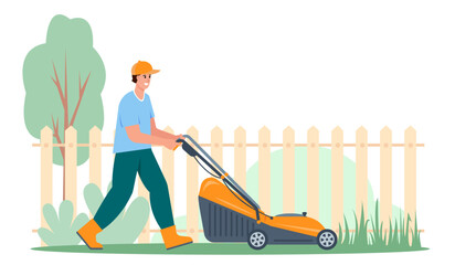 Young man mowing grass with lawnmower in garden. Gardening concept. Flat vector illustration on white background.
