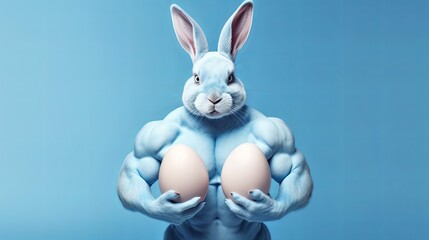 Easter rabbit bodybuilder holding Easter eggs on blue background, Sporty rabbit