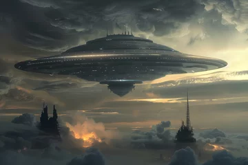 Gordijnen Außerirdisches Raumschiff: Illustration eines UFOs in geheimer Mission im Weltraum © Seegraphie