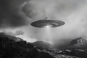 Rolgordijnen Außerirdisches Raumschiff: Illustration eines UFOs in geheimer Mission im Weltraum © Seegraphie