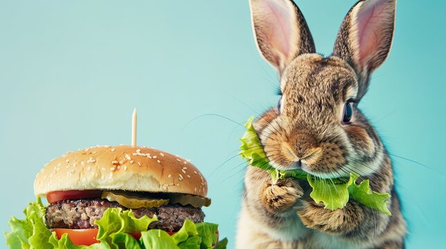 Easter bunny eating a big cheeseburger on sunny blue background