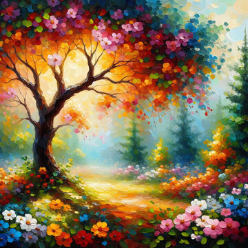 Painting of a tree with colorful flowers in the autumn season. Oil color painting.