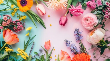 Płasko leży bukiet kwiatów, tworząc ramkę, składający się z różnych odmian i kolorów. Kwiaty są ułożone w estetyczny sposób.