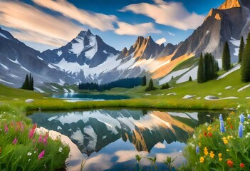 A serene alpine lake reflecting snow-capped peaks under a clear blue sky, with vibrant wildflowers dotting the lush green meadows