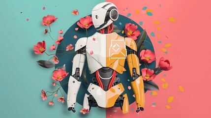 Robot stoi wśród kwiatów na tle wiosennej scenerii, prezentując kontrast technologii i natury. - obrazy, fototapety, plakaty