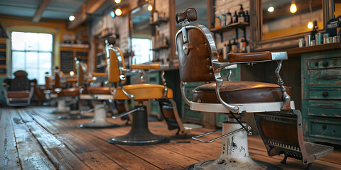 Barbershop Chair Images.Saloon Interior Images .Two classic leather barber chairs facing each other - obrazy, fototapety, plakaty