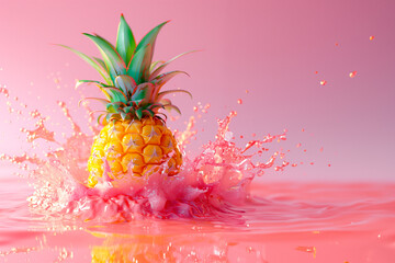 pineapple splashing in pink juice;Copy space
