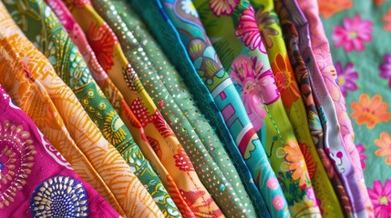 Zdjęcie zbliżone przedstawia wiele różnokolorowych tkanin. Tkaniny różnią się kolorami i wzorami, tworząc interesujące i kolorowe wiosenne kompozycje. - obrazy, fototapety, plakaty