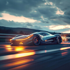 A sleek silver electric sports car zooming down a road with motion blur and trees lining the sides.