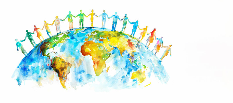 Abstract colorful art watercolor painting depicts people standing  holding hands together around the whole globe Protecting Planet Together, Earth Day, different ethnicities, Environmental Care