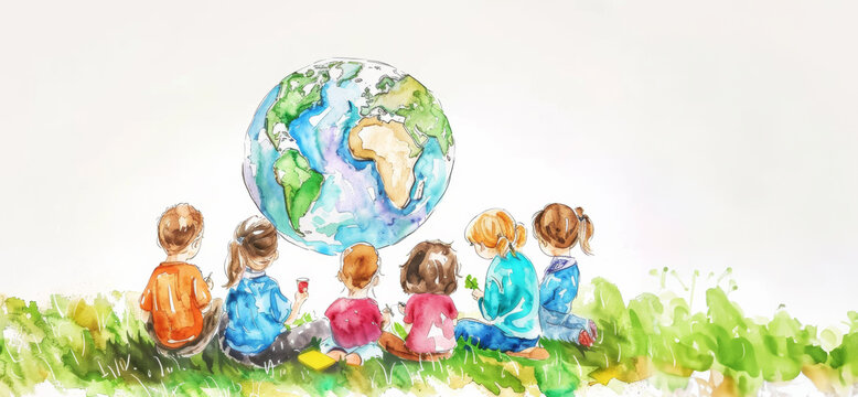 Earth Day concept, Abstract colorful art Child painting with brush and watercolor paints a picture of earth heart day, around the whole globe Protecting Planet together, Environmental Care