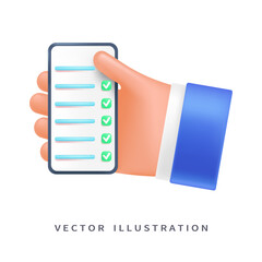 Checklist on the phone in the user's hand, 3d style for graphic design. Hand with phone in vector cartoon comic style.