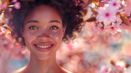 Kobieta z kręconymi włosami uśmiechająca się wiosennym urokiem, wyrażając szczęście i radość z kwiatami nad głową - obrazy, fototapety, plakaty