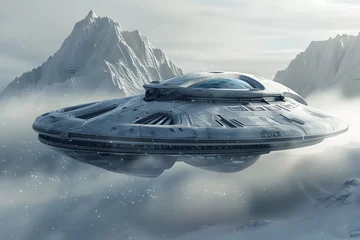 Papier Peint photo UFO Außerirdisches Raumschiff: Illustration eines UFOs in geheimer Mission im Weltraum