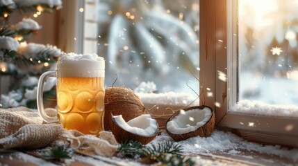 A cozy winter scene with a coconut beer in a mug, alongside a coconut split in half, on a wooden table with a snowy window background