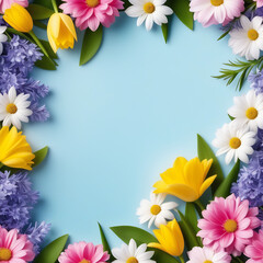 Fototapeta premium Spring flowers with frame for text happy easter camomile tupil postcard card design blue background March 8 women day