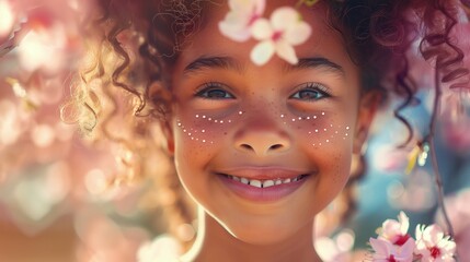 Fototapeta premium Mała dziewczynka uśmiecha się wiosennie, mając różowy kwiat wetknięty we włosach. Jej radosna mina wyraża szczęście i radość.