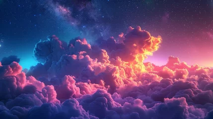 Muurstickers Enchanting night sky with colorful clouds and glowing stars © MAY